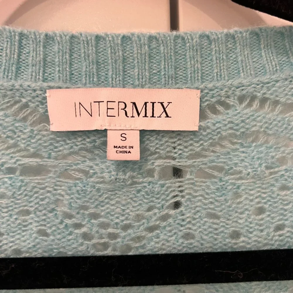 Intermix Brea Cropped Pointelle-knit Cardigan- Turquise- Small - Picture 5 of 6